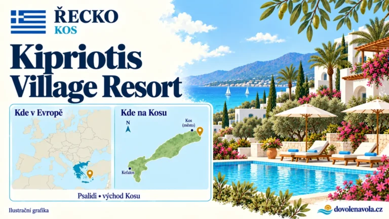 Kipriotis Village Resort – Řecko, Kos; ilustrační hotelová karta s mapou Evropy a orientační polohou: Psalidi, východ Kosu.