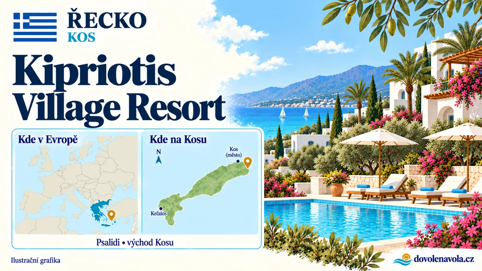 Kipriotis Village Resort – Řecko, Kos; ilustrační hotelová karta s mapou Evropy a orientační polohou: Psalidi, východ Kosu.