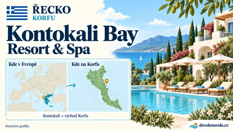 Kontokali Bay Resort & Spa – Řecko, Korfu; ilustrační hotelová karta s mapou Evropy a orientační polohou: Kontokali, východ Korfu.