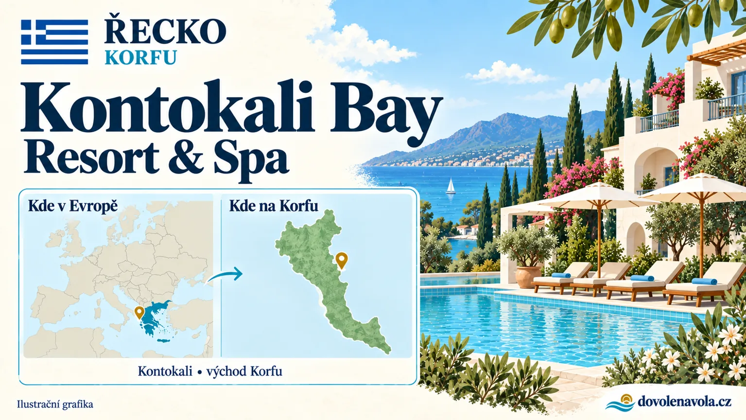 Kontokali Bay Resort & Spa – Řecko, Korfu; ilustrační hotelová karta s mapou Evropy a orientační polohou: Kontokali, východ Korfu.