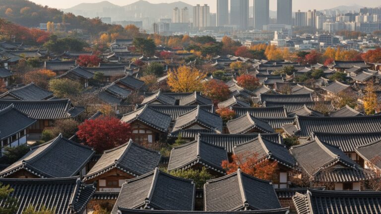 Střechy tradiční korejské čtvrti hanok s panoramatem Soulu
