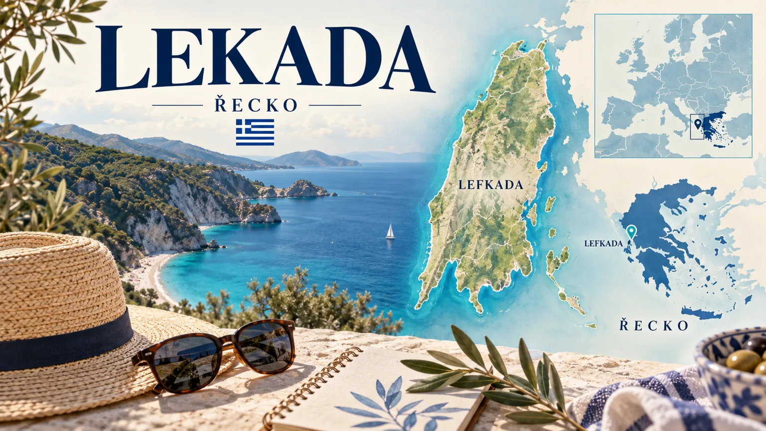 Lefkada – Řecko; ilustrační cestovatelská karta s řeckou vlajkou a orientačními mapami.