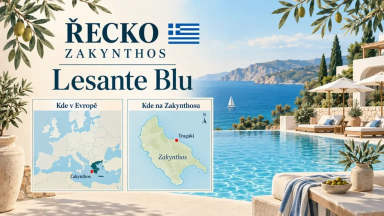 Lesante Blu – Zakynthos v Řecku; ilustrační hotelová karta s orientační mapou Evropy a polohou Tragaki.