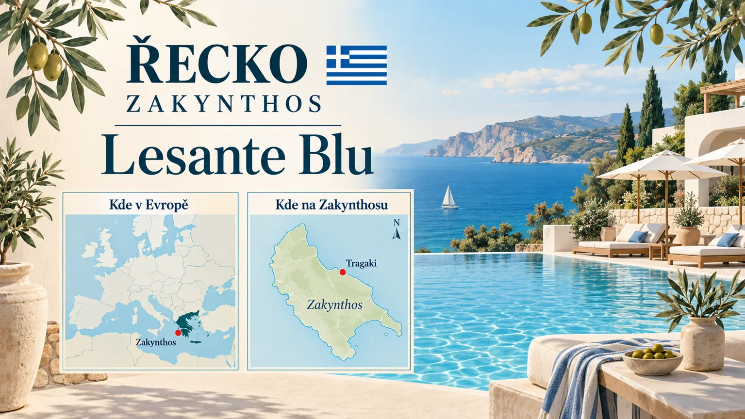 Lesante Blu – Zakynthos v Řecku; ilustrační hotelová karta s orientační mapou Evropy a polohou Tragaki.