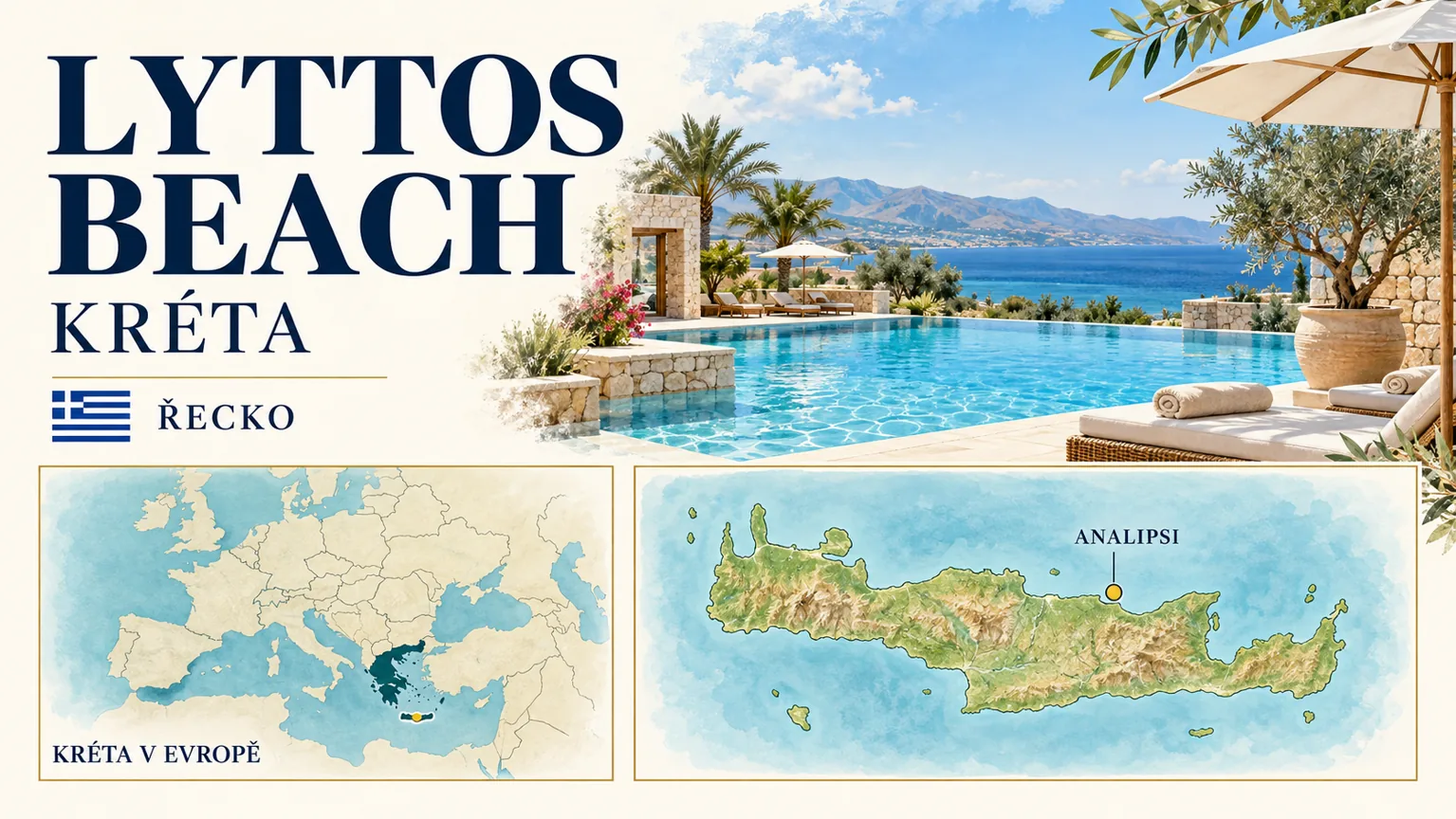 Lyttos Beach – Kréta v Řecku; ilustrační hotelová karta s orientační mapou Evropy a polohou Analipsi.