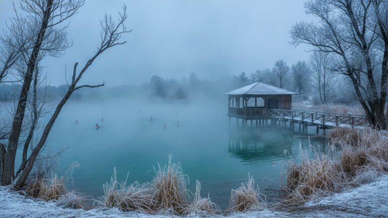Termální jezero s párou nad hladinou