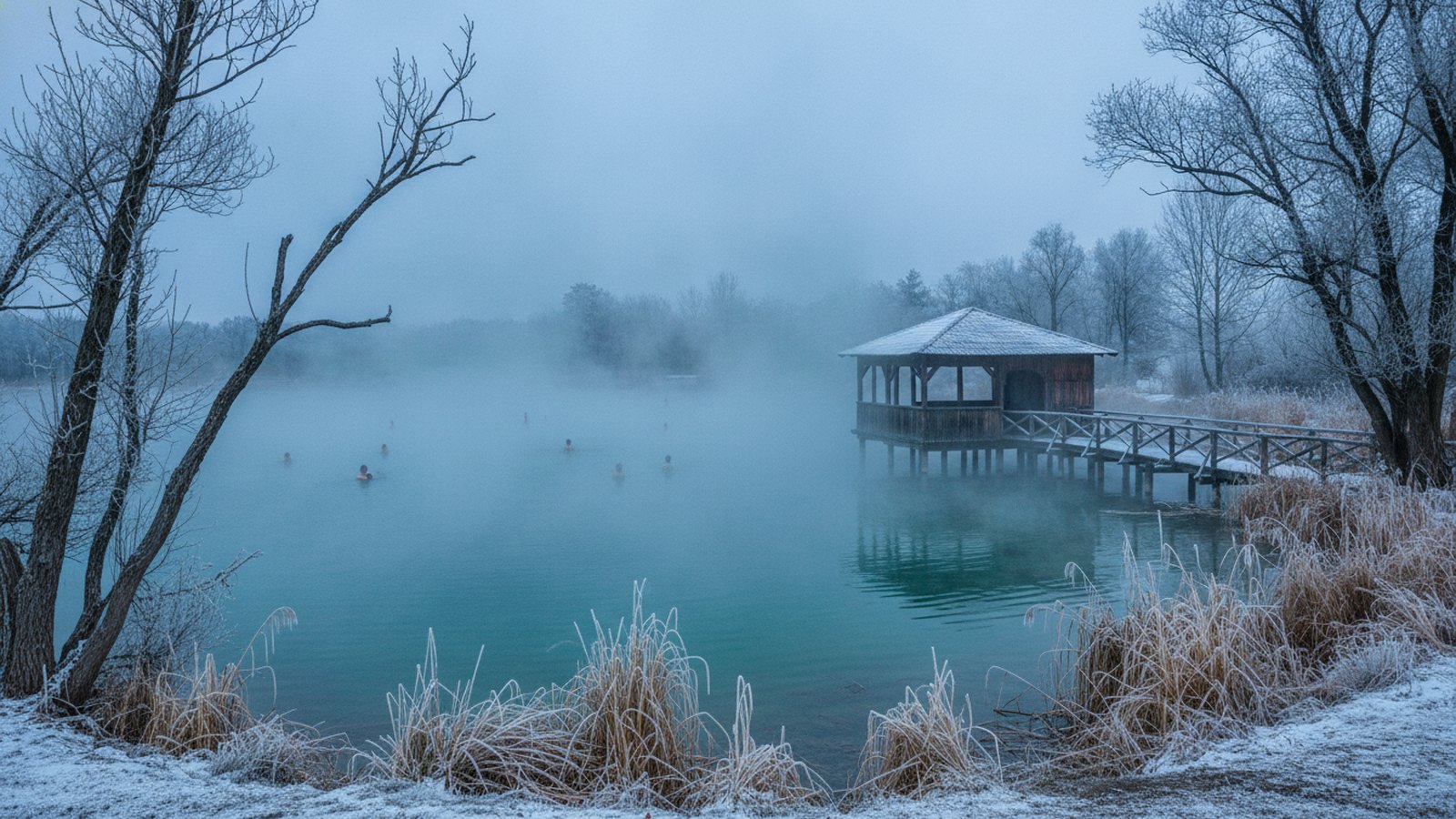 Termální jezero s párou nad hladinou