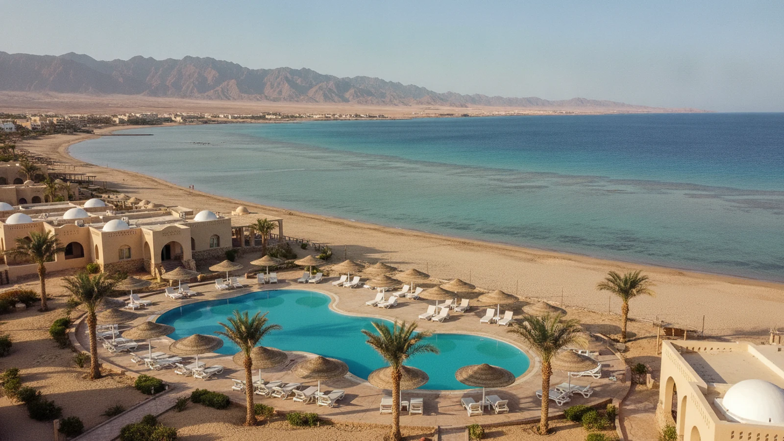 All inclusive resort v Marsa Alamu s kopulemi v nubijském stylu, bazénem a písečnou pláží u korálového útesu