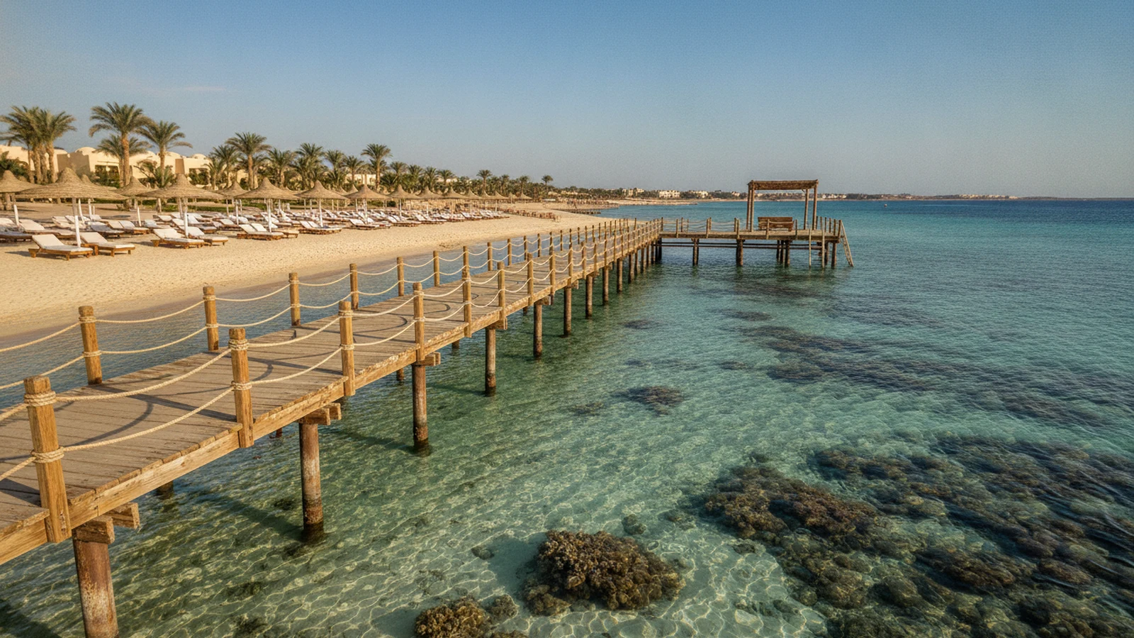 Resort all inclusive v Marsa Alamu s bazény, palmami a dlouhým molem nad korálovým útesem