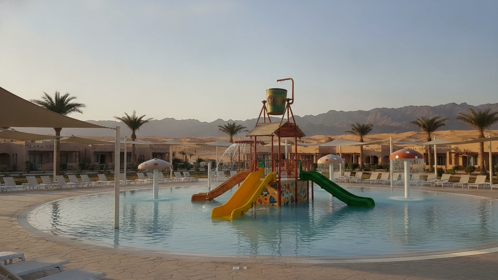 Prázdný dětský aquapark s mělkým bazénem a barevnými tobogány v resortu u Marsa Alamu