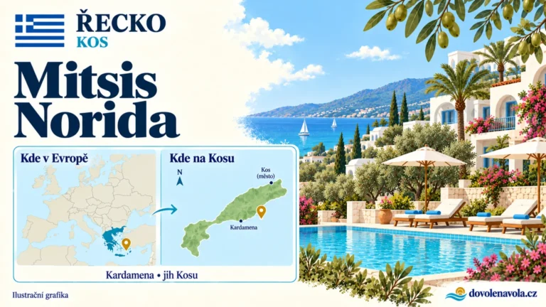 Mitsis Norida – Řecko, Kos; ilustrační hotelová karta s mapou Evropy a orientační polohou: Kardamena, jižní pobřeží Kosu.