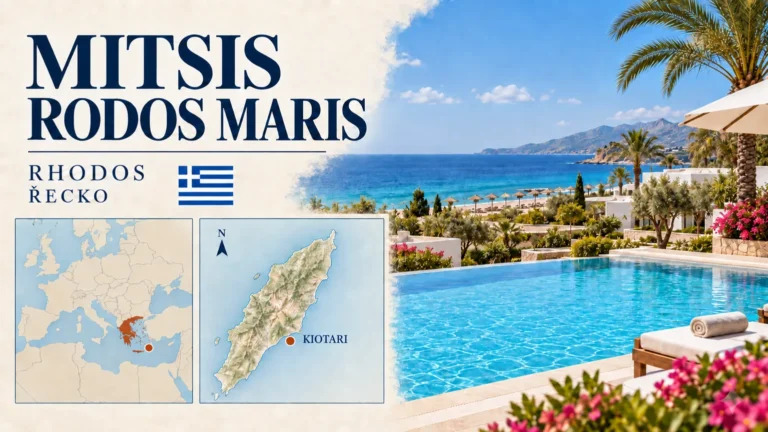 Mitsis Rodos Maris – Rhodos v Řecku; ilustrační hotelová karta s orientační mapou Evropy a polohou Kiotari.