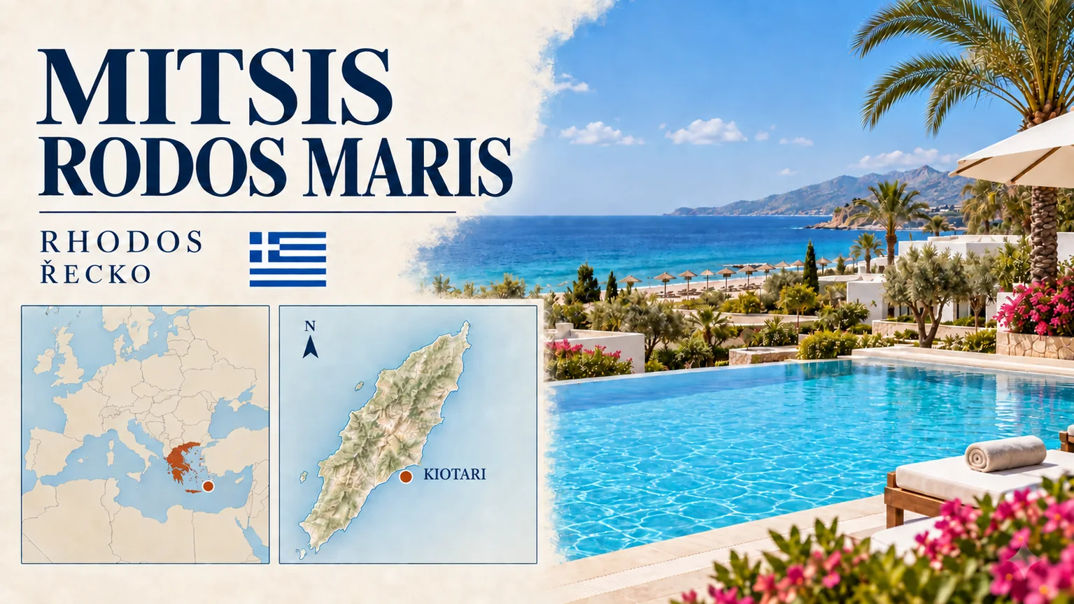 Mitsis Rodos Maris – Rhodos v Řecku; ilustrační hotelová karta s orientační mapou Evropy a polohou Kiotari.