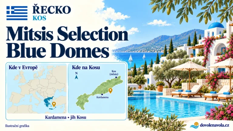Mitsis Selection Blue Domes – Řecko, Kos; ilustrační hotelová karta s mapou Evropy a orientační polohou: u Kardameny na jižním pobřeží Kosu.