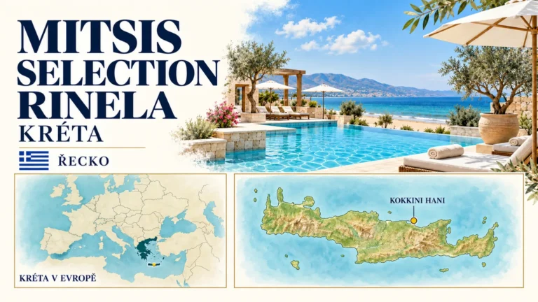 Mitsis Selection Rinela – Kréta v Řecku; ilustrační hotelová karta s orientační mapou Evropy a polohou Kokkini Hani.