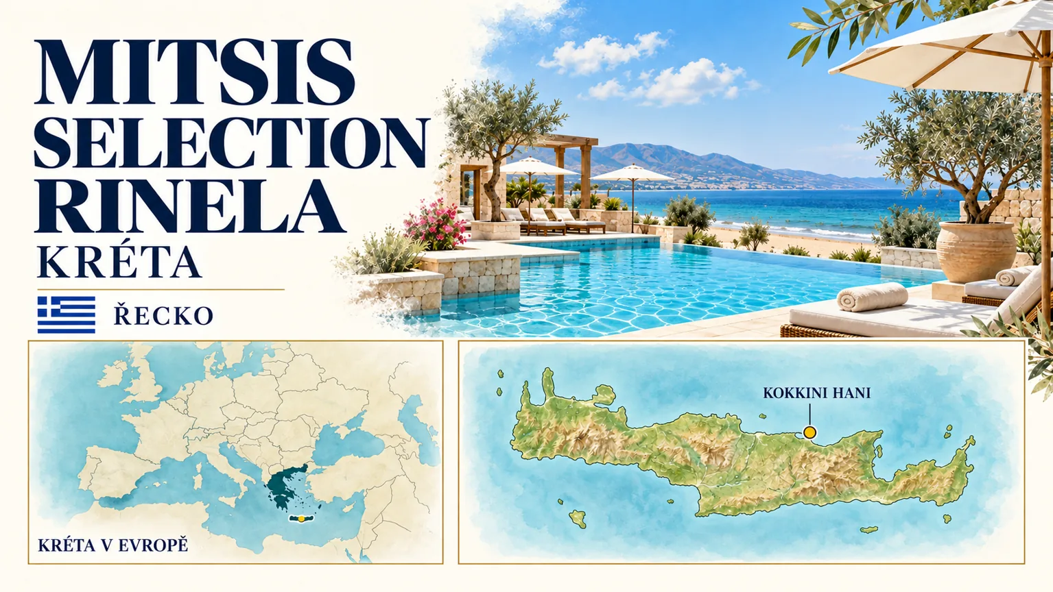 Mitsis Selection Rinela – Kréta v Řecku; ilustrační hotelová karta s orientační mapou Evropy a polohou Kokkini Hani.