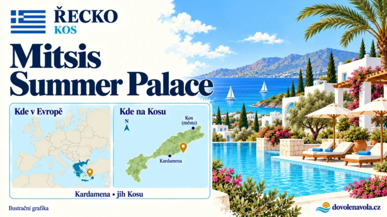 Mitsis Summer Palace – Řecko, Kos; ilustrační hotelová karta s mapou Evropy a orientační polohou: u Kardameny na jižním pobřeží Kosu.