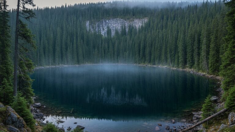 Tmavé ledovcové jezero pod zalesněnou karovou stěnou v ranní mlze