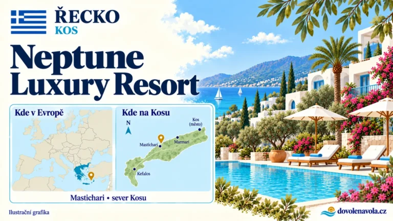 Neptune Luxury Resort – Řecko, Kos; ilustrační hotelová karta s mapou Evropy a orientační polohou: severní pobřeží u Mastichari.