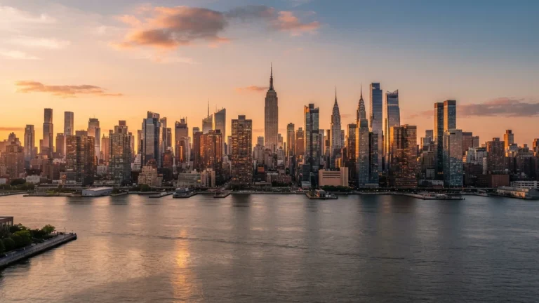 Mrakodrapy Manhattanu za podvecerniho svetla