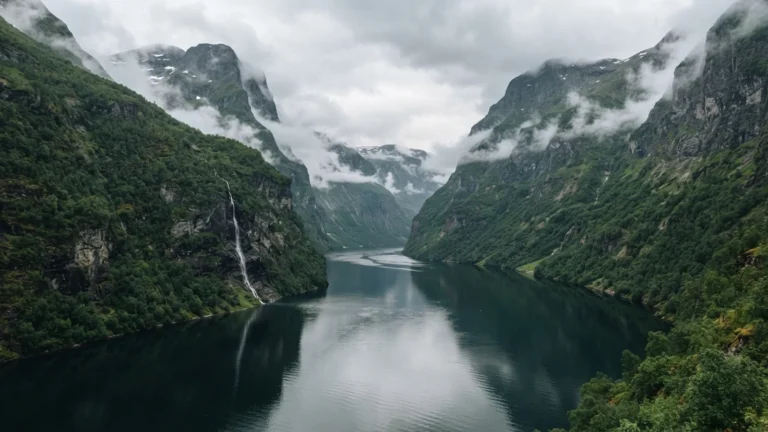 Uzky fjord se strmymi stenami a klidnou hladinou