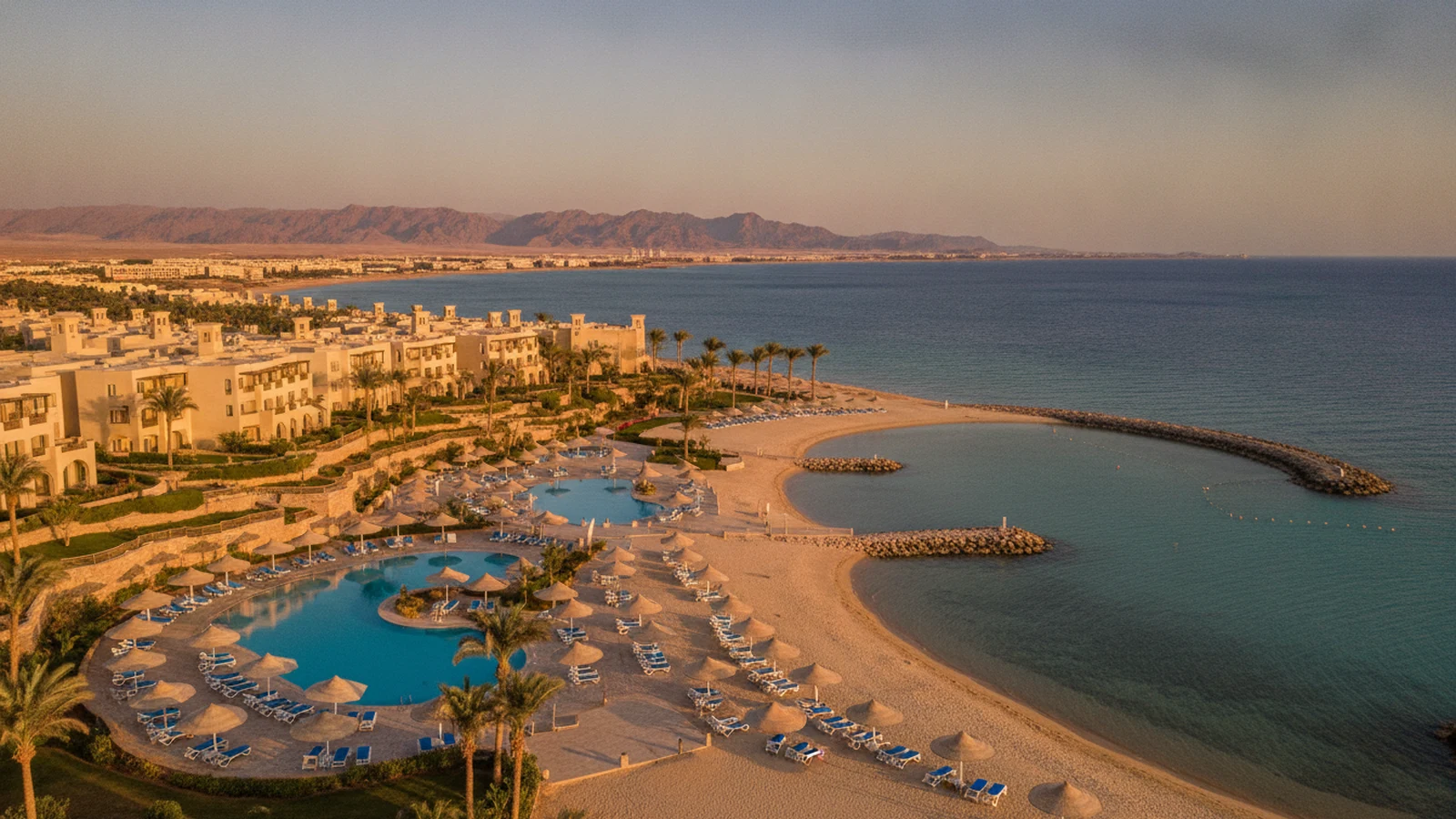 Resort na pobřeží Sahl Hasheesh s bazény, pískovou pláží, lagunou a malou marinou u Rudého moře