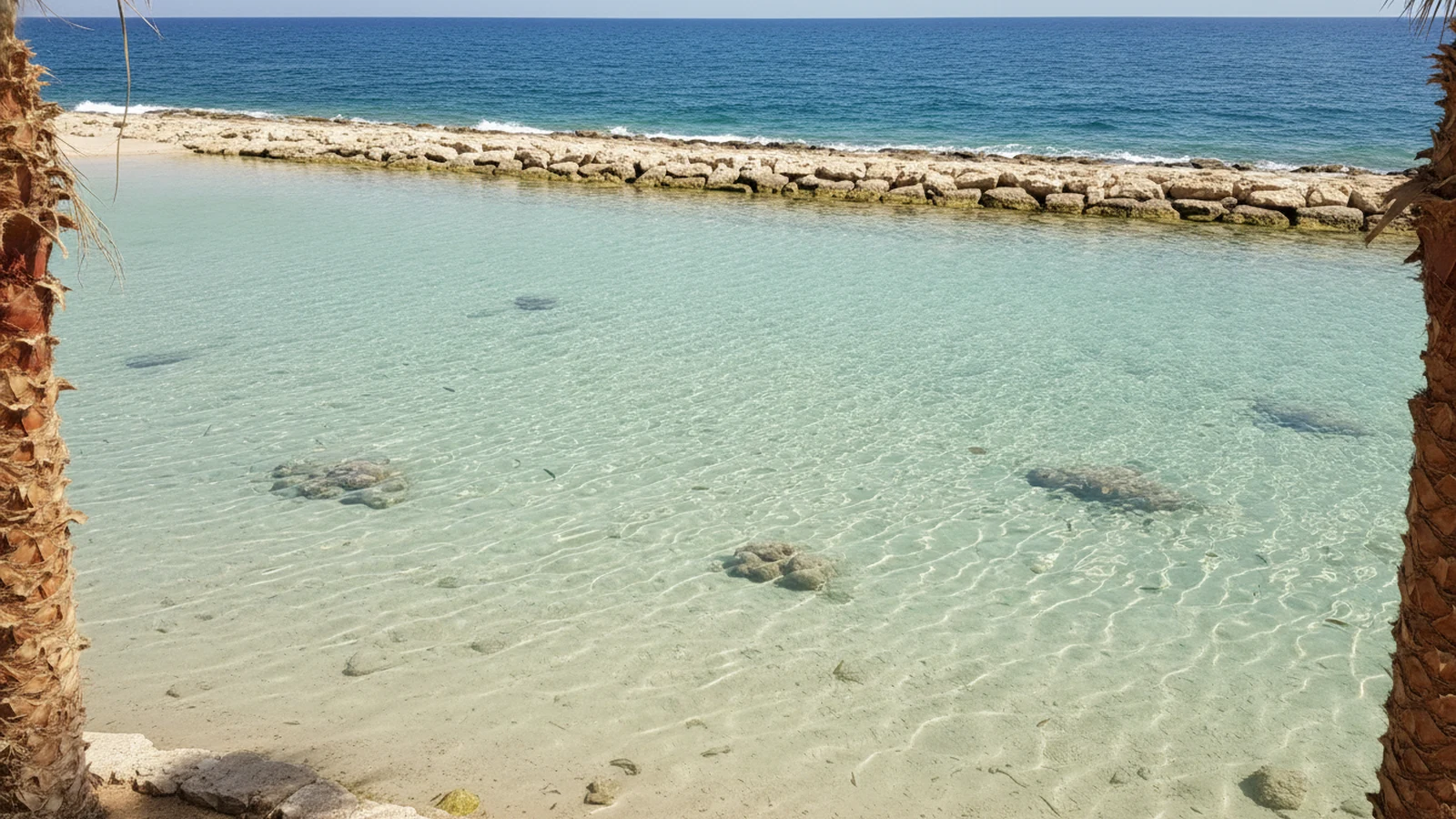 Klidná mořská laguna s pískovým dnem a kamennou hrází u resortu v Sahl Hasheesh