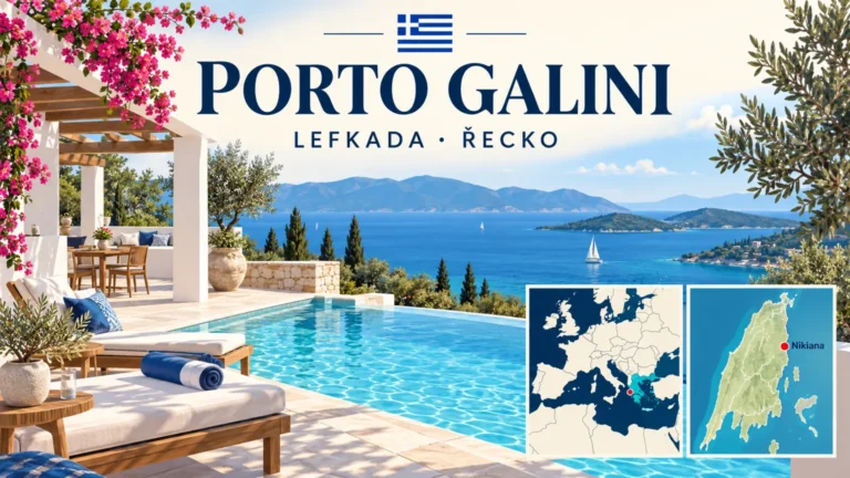 Porto Galini – Lefkada; ilustrační cestovatelská karta s řeckou vlajkou a orientačními mapami.