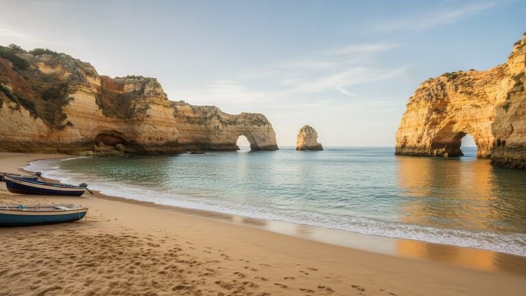 Chráněná písečná zátoka mezi útesy na Algarve