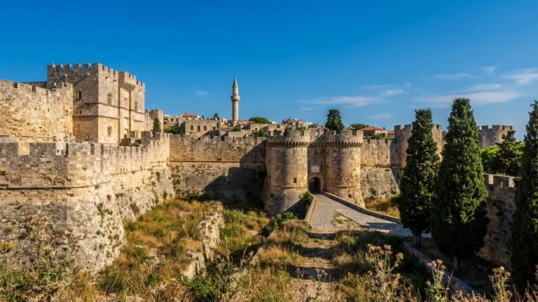Hradby a prikop stredovekeho mesta Rhodos s minaretem v pozadi