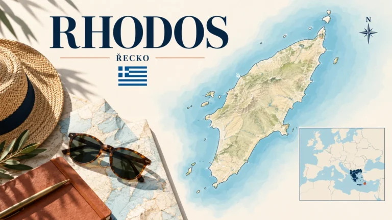 Rhodos v Řecku – ilustrační mapa ostrova, poloha v Evropě a cestovní potřeby.