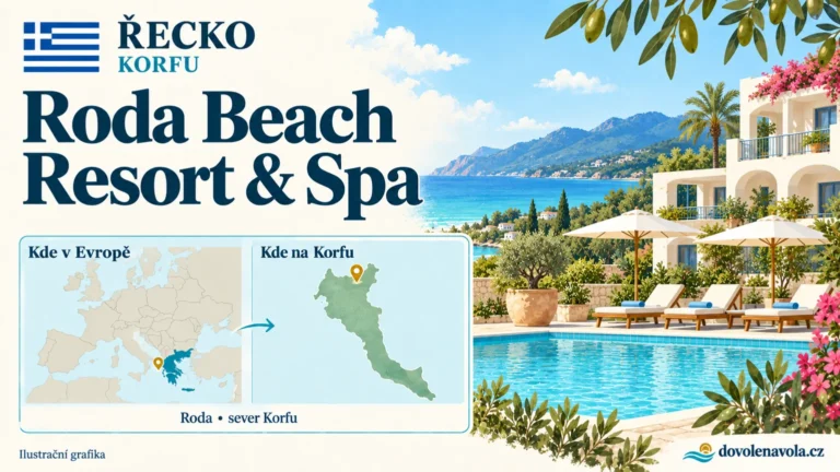 Roda Beach Resort & Spa – Řecko, Korfu; ilustrační hotelová karta s mapou Evropy a orientační polohou: Roda, sever Korfu.