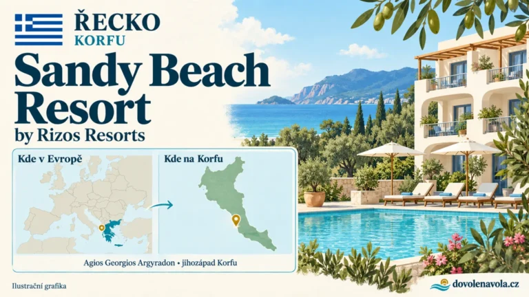 Sandy Beach Resort by Rizos Resorts – Řecko, Korfu; ilustrační hotelová karta s mapou Evropy a orientační polohou: Agios Georgios Argyradon, jihozápad Korfu.