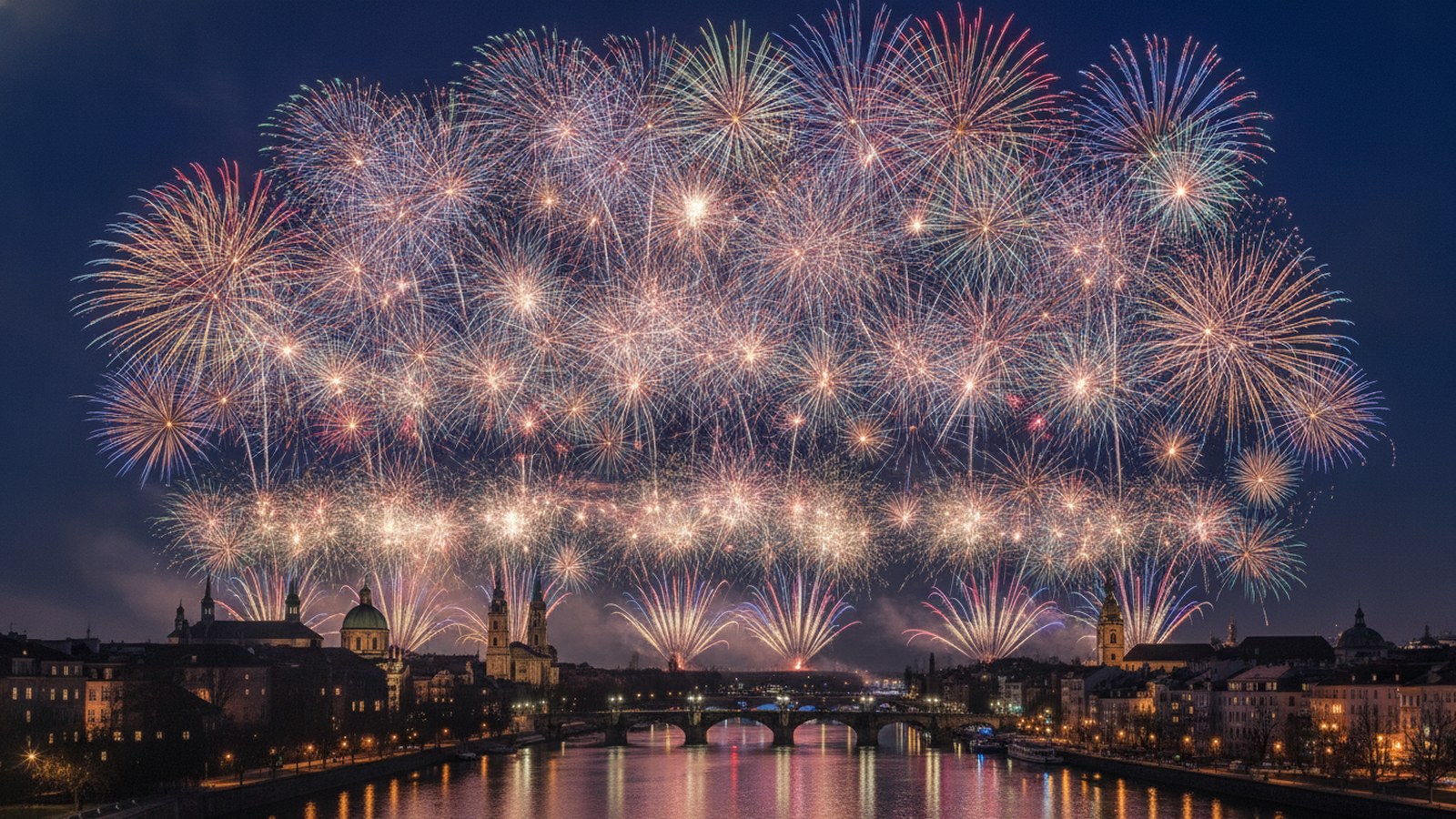 Ohňostroj nad panoramatem evropského města o silvestrovské noci