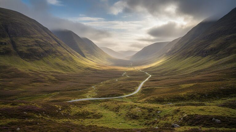 Údolí s jednopruhovou silnicí v Highlands
