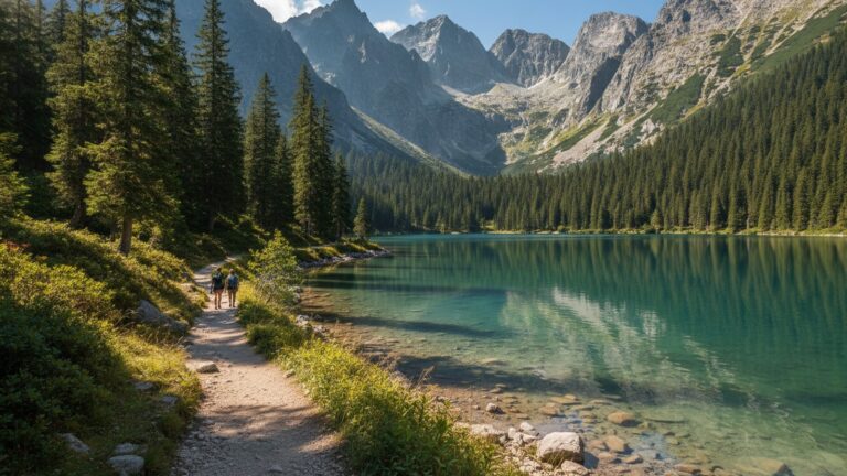 Tatranské pleso s cestou po břehu a horami v pozadí