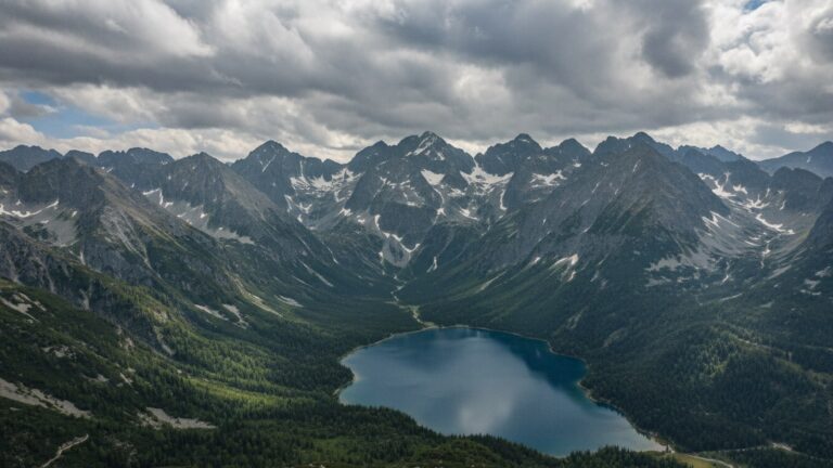 Vysoké Tatry se zasněženými vrcholky nad zeleným údolím