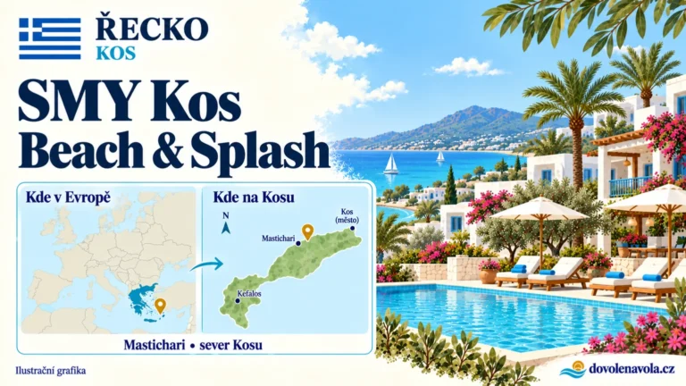 SMY Kos Beach & Splash – Řecko, Kos; ilustrační hotelová karta s mapou Evropy a orientační polohou: u Mastichari, sever Kosu.