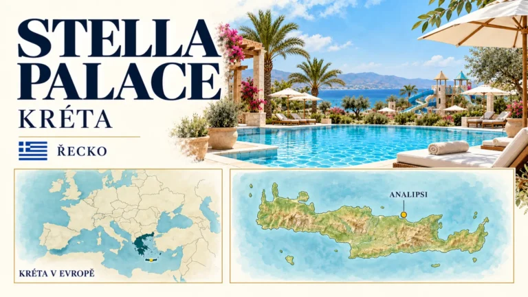 Stella Palace Aqua Park Resort – Kréta v Řecku; ilustrační hotelová karta s orientační mapou Evropy a polohou Analipsi.