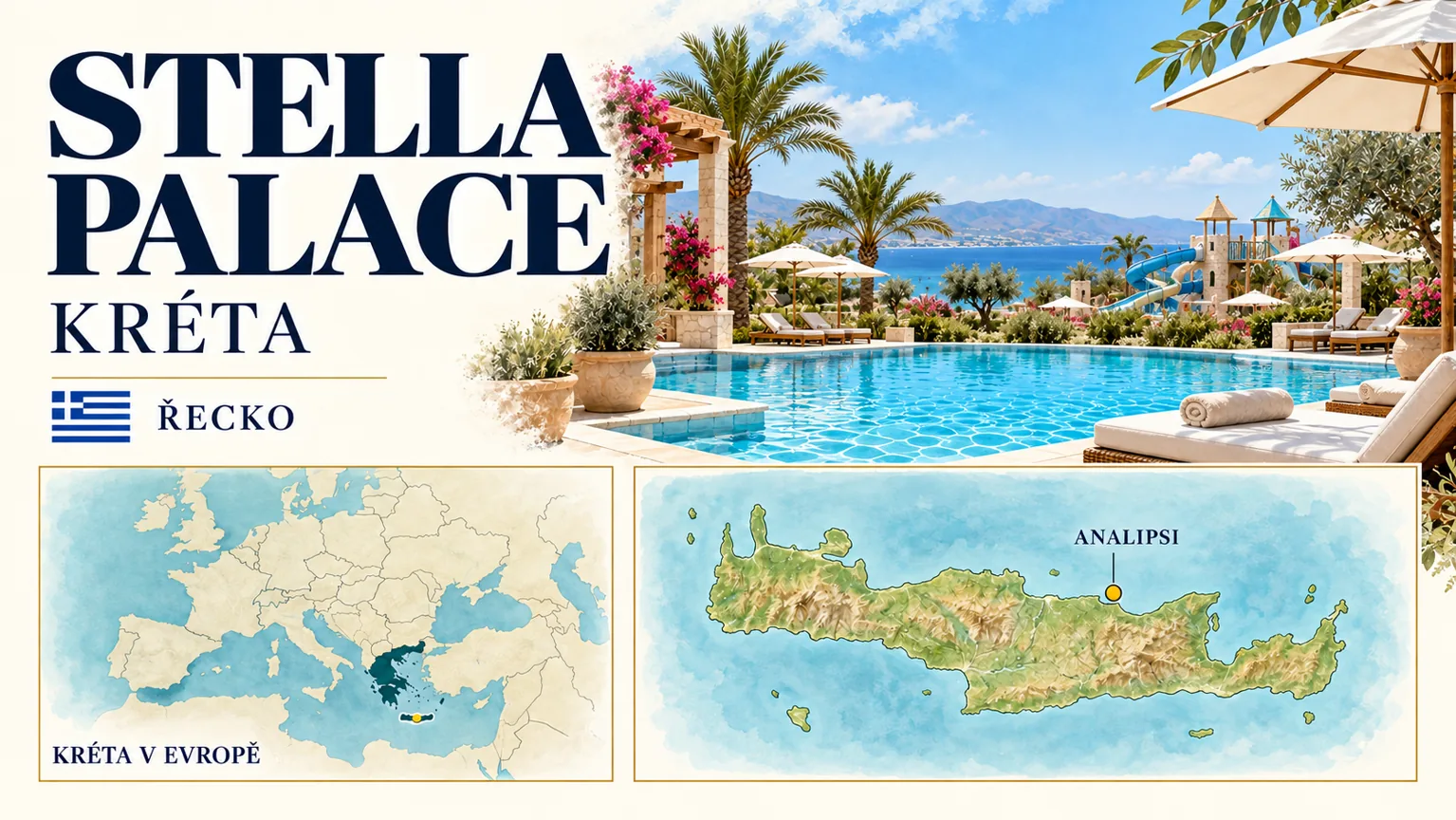 Stella Palace Aqua Park Resort – Kréta v Řecku; ilustrační hotelová karta s orientační mapou Evropy a polohou Analipsi.