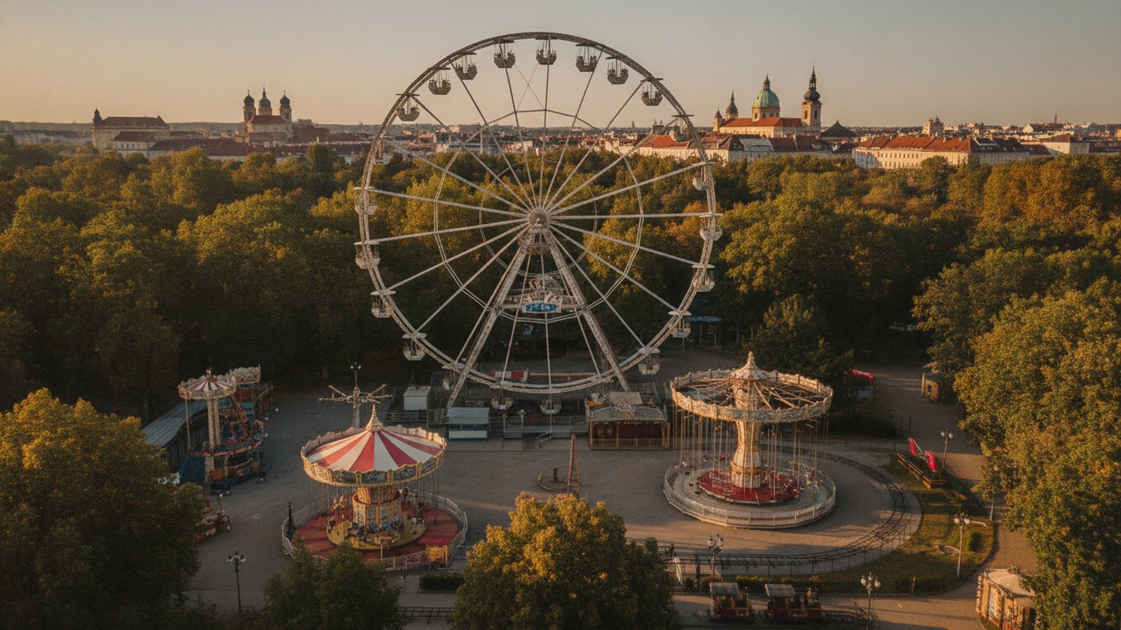 Ruské kolo a zábavní park mezi stromy