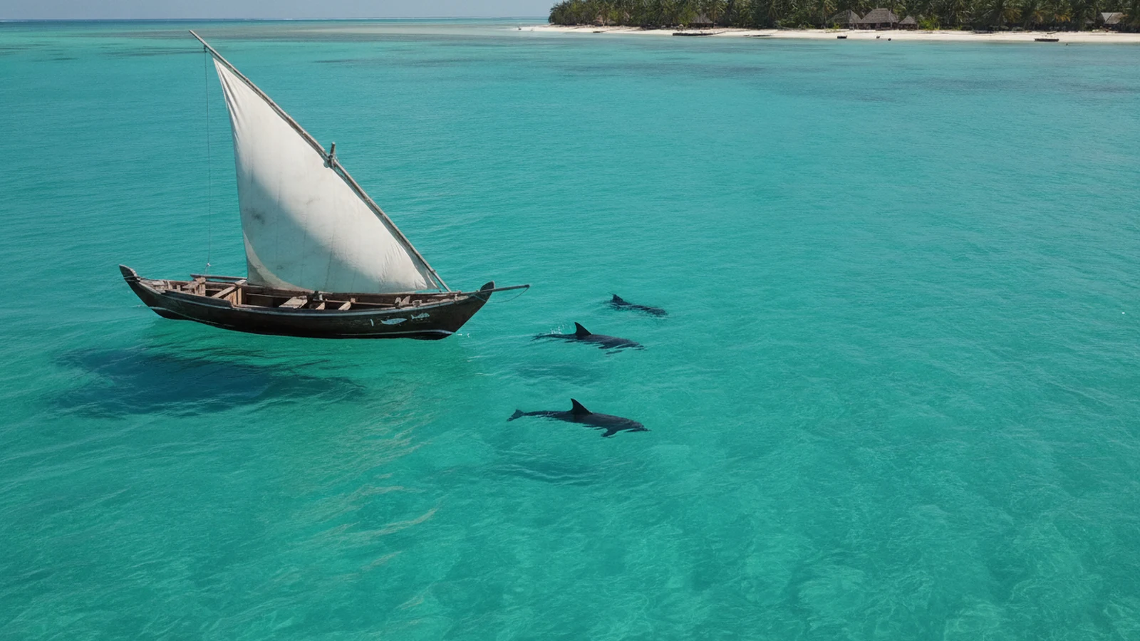 Loďka a delfíni v tyrkysovém moři u jihu Zanzibaru