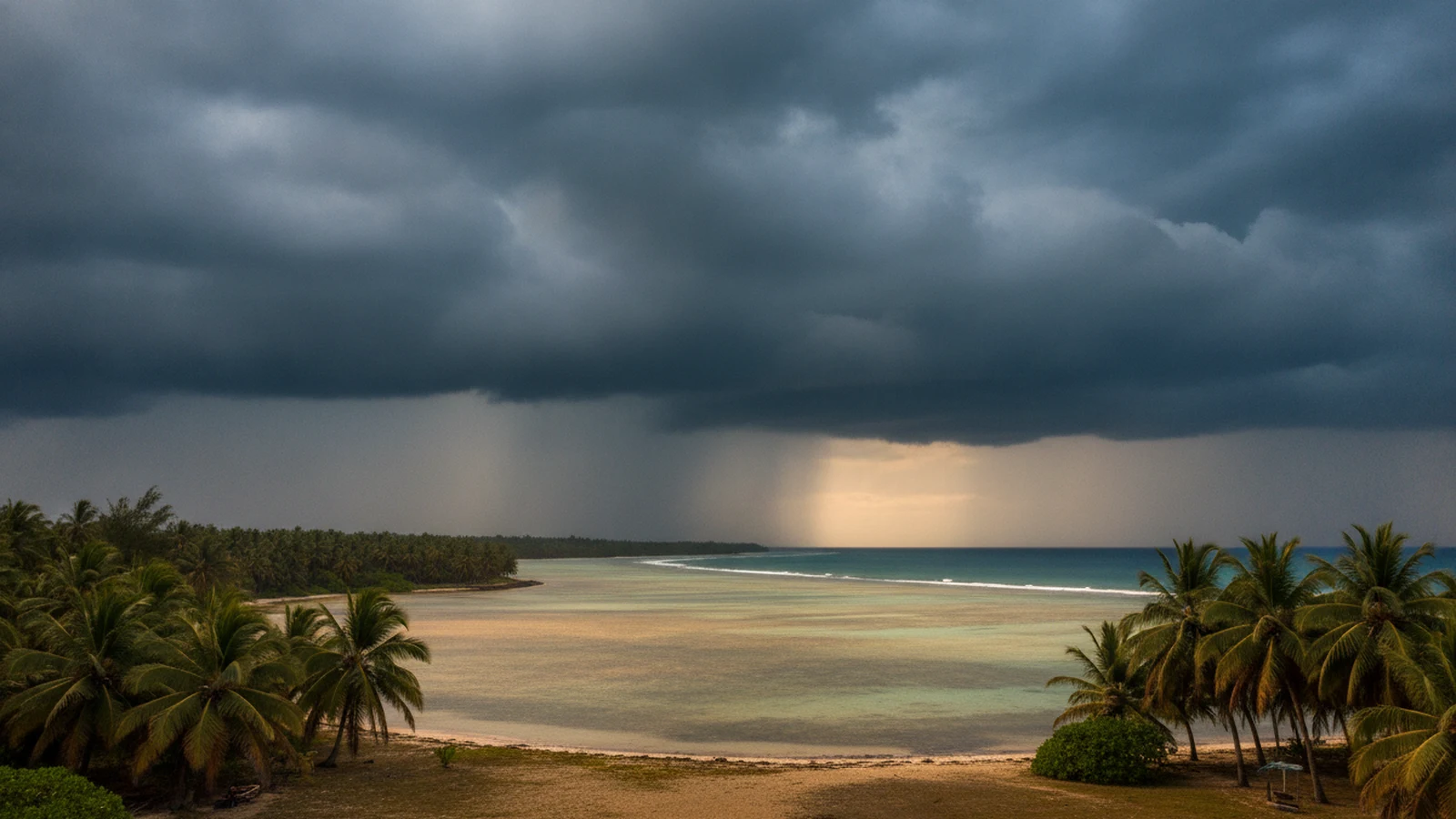 Tropická bouřková oblaka nad plážemi a palmami na Zanzibaru v období dešťů