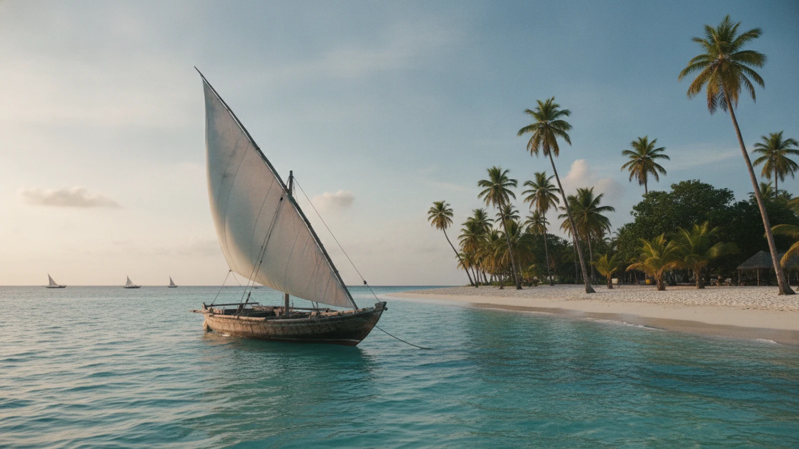 Tradiční dřevěná plachetnice dhow u bílé pláže s palmami na Zanzibaru