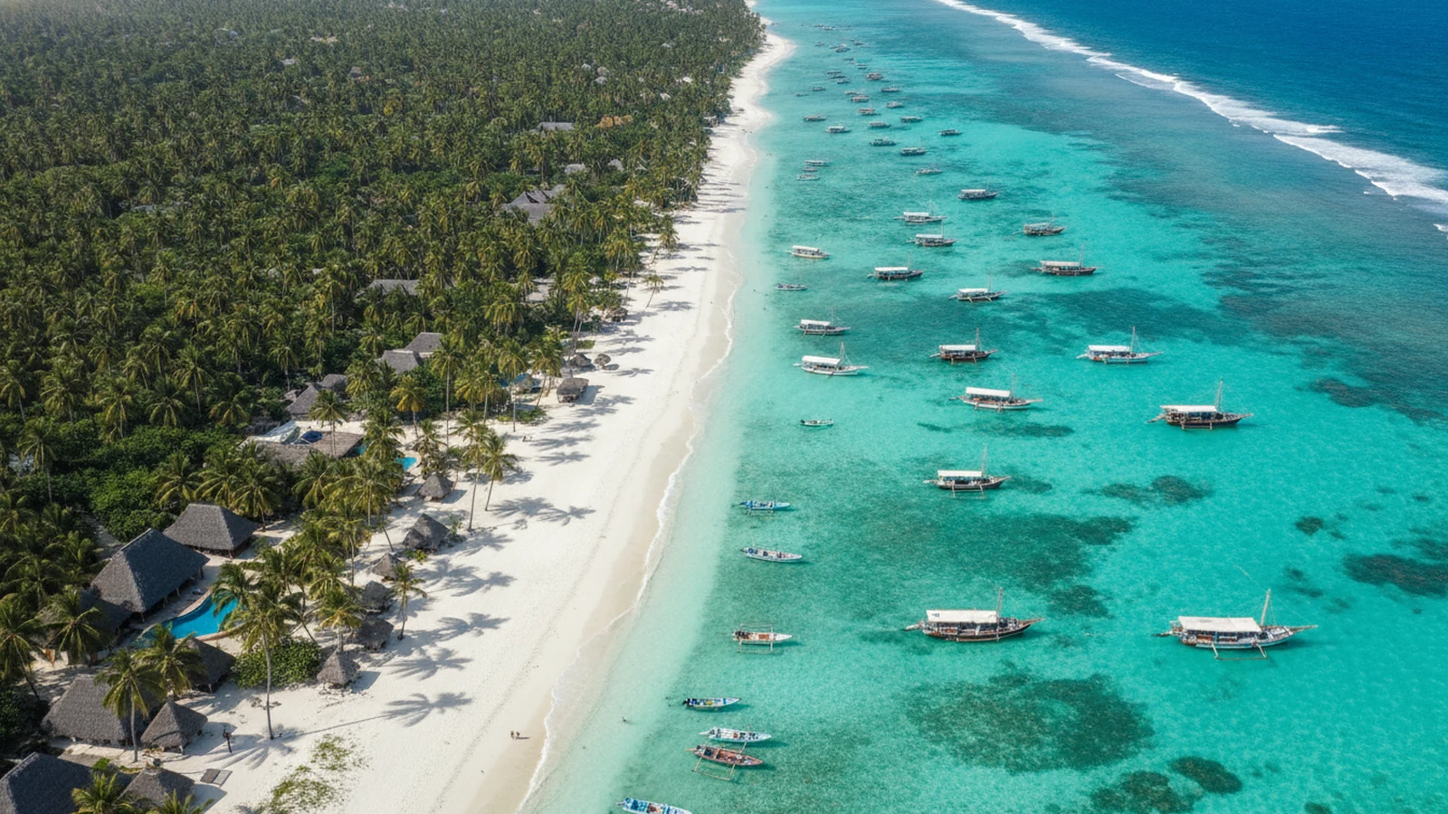 Letecký pohled na pláž na Zanzibaru s hotely mezi palmami