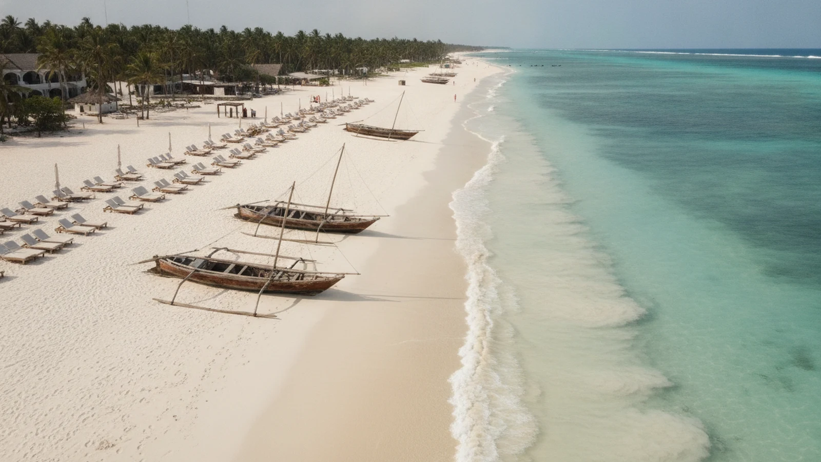 Pláž na Zanzibaru s dřevěnými loďkami a několika lidmi v hlavní sezóně