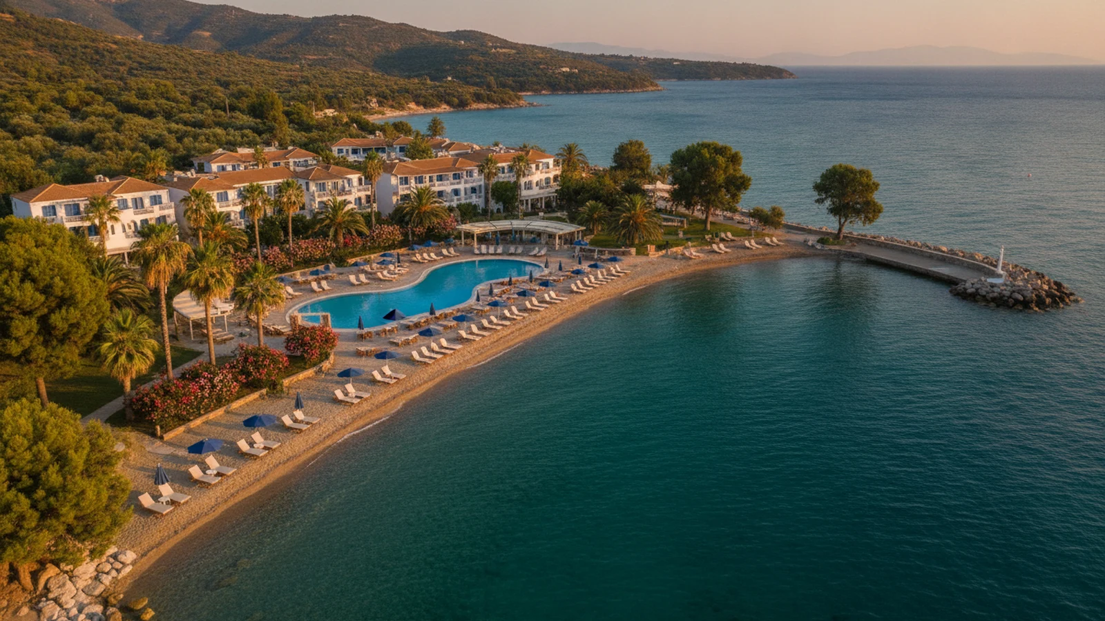 Resort s bazénem a palmami u pláže Pefkari u Potosu na Thassosu