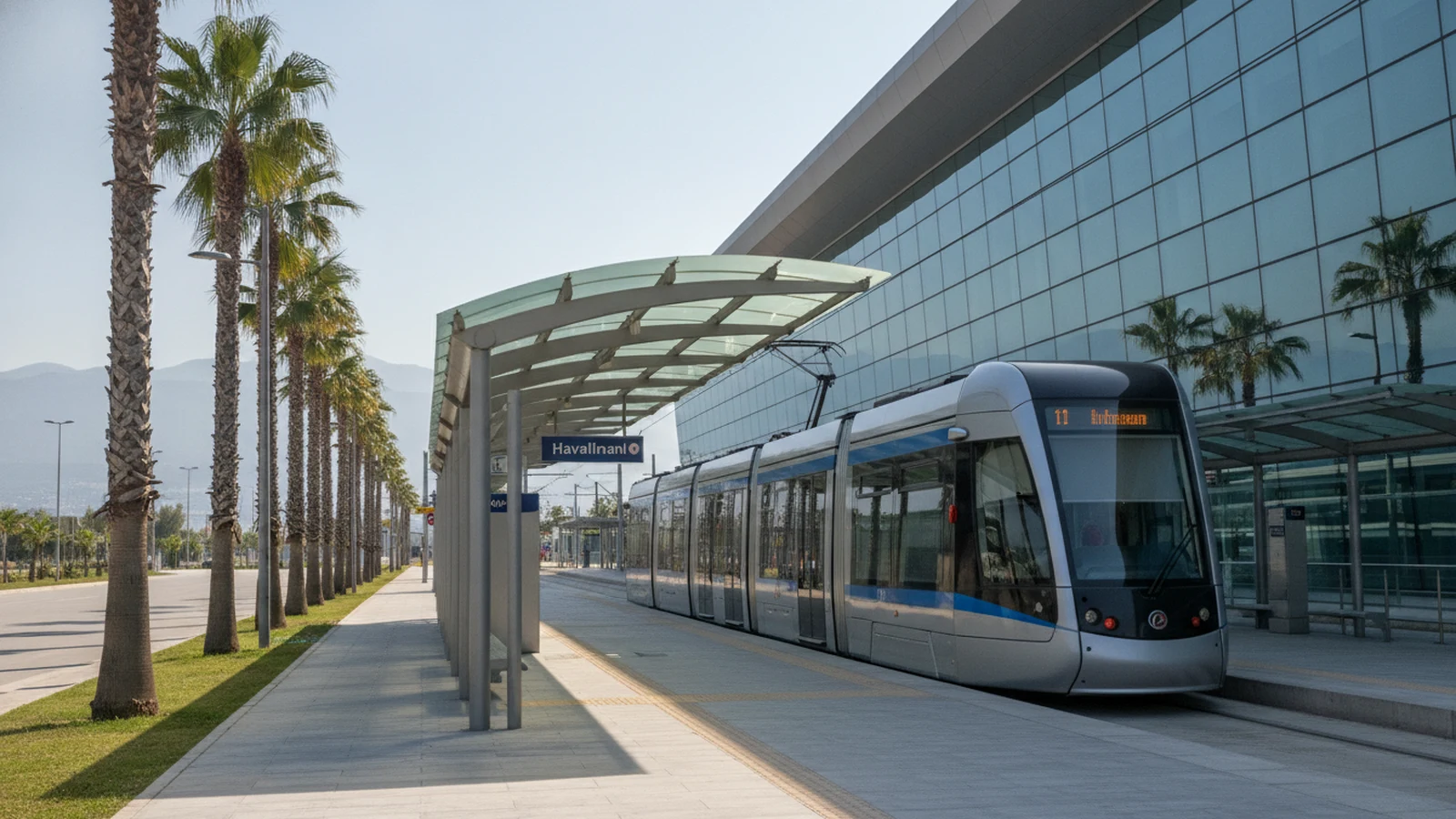 Tramvaj Antray na zastávce Havalimanı u terminálu letiště Antalya, v pozadí palmy a pohoří Taurus