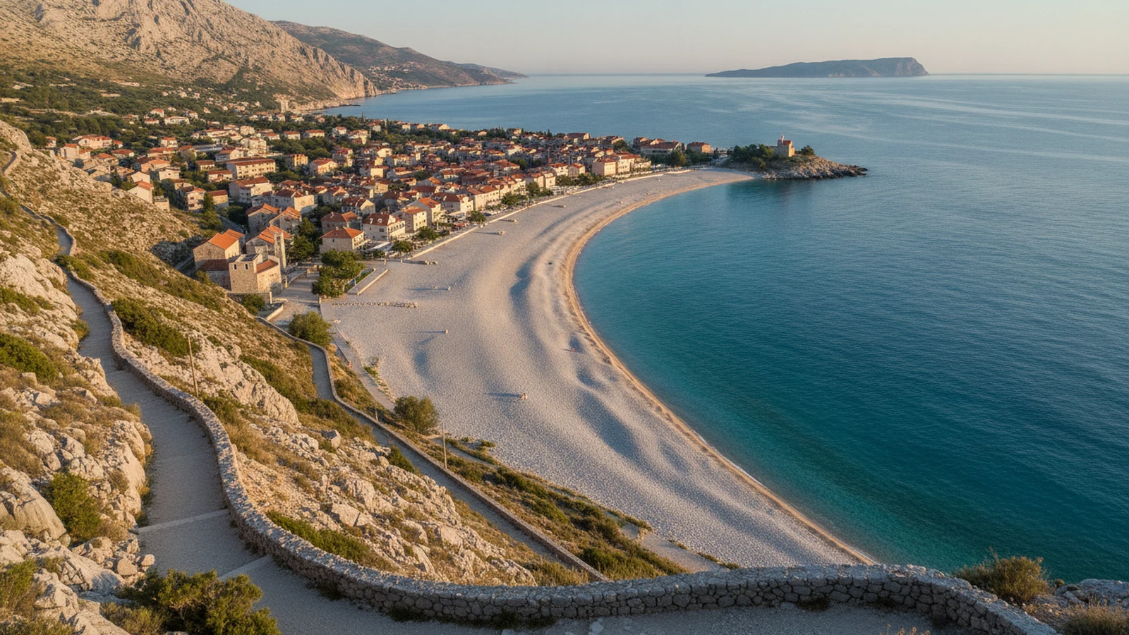 Oblázková pláž Vela plaža v Bašce s městem, holými kopci a ostrovem Prvić