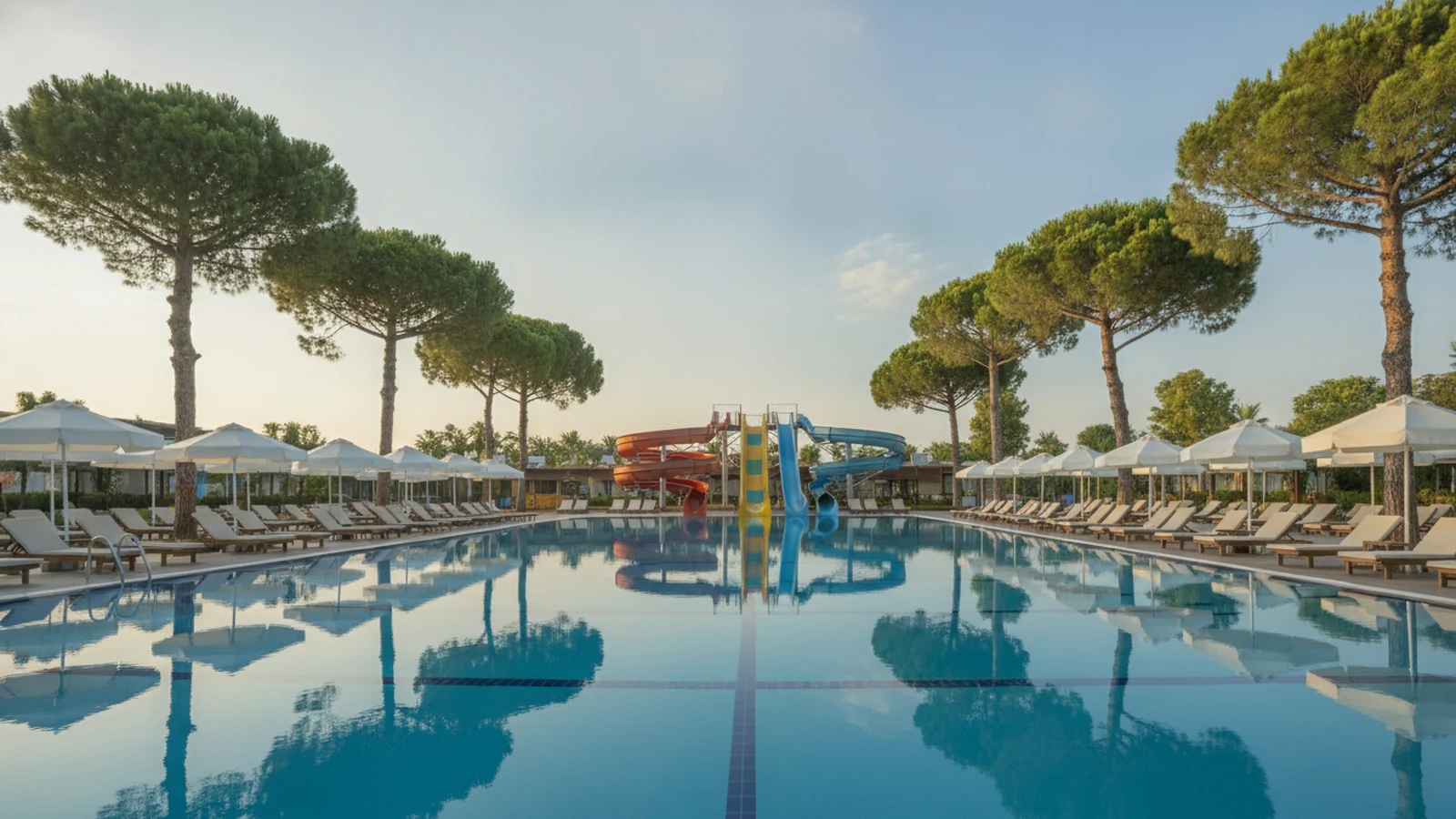 Bazén se skluzavkami a borovicemi v resortu v Beleku